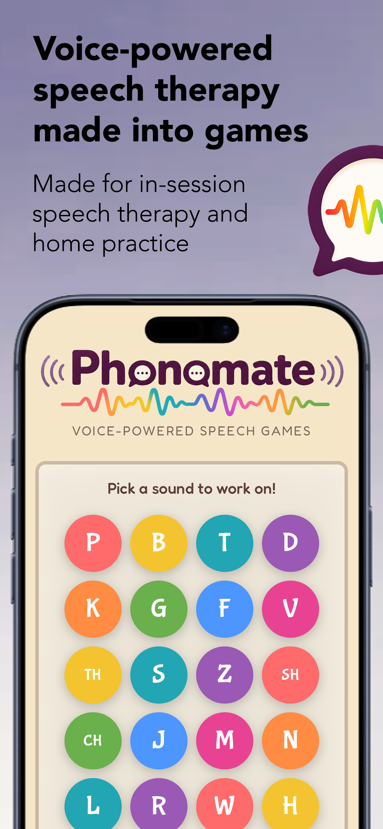 Phonomate main menu showing a library of speech games