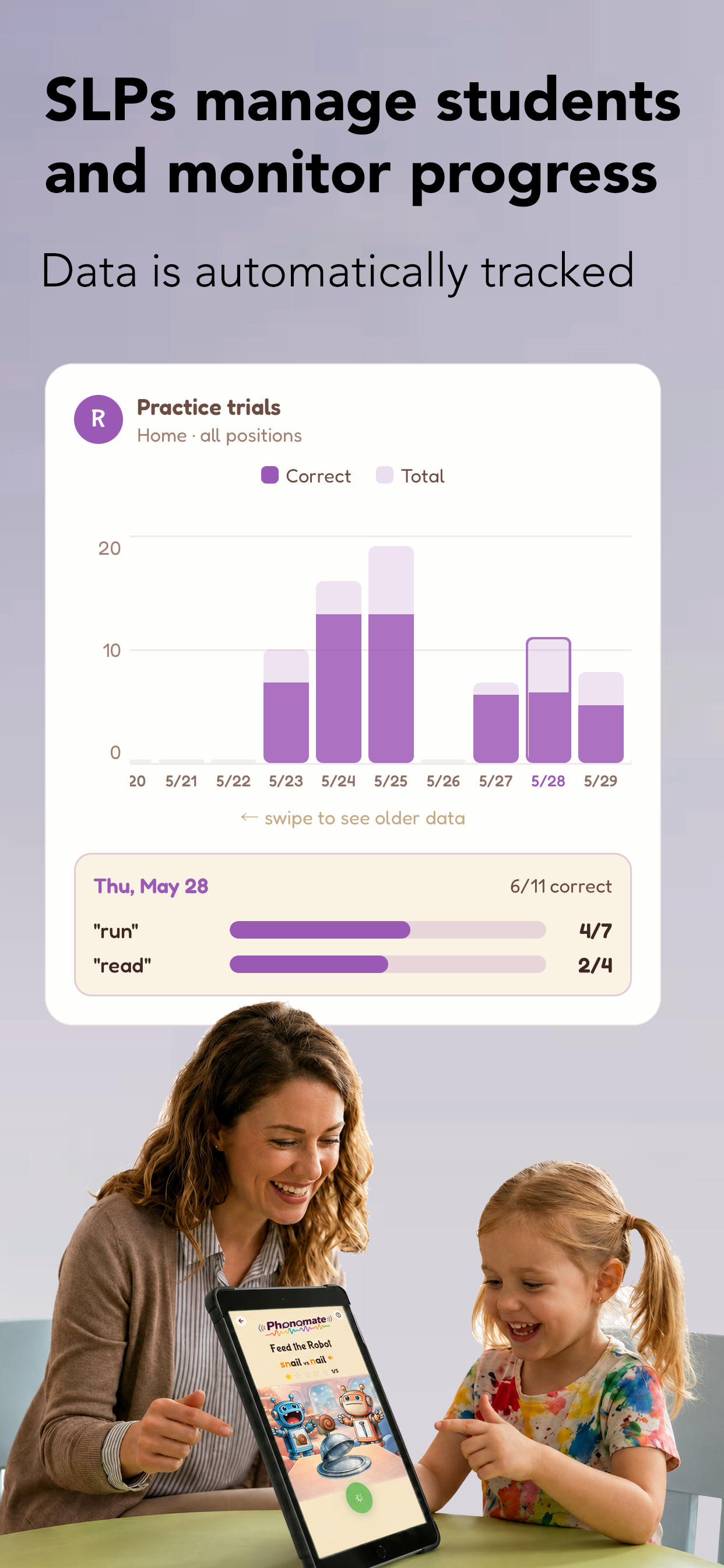 SLP progress tracking screen showing accuracy charts