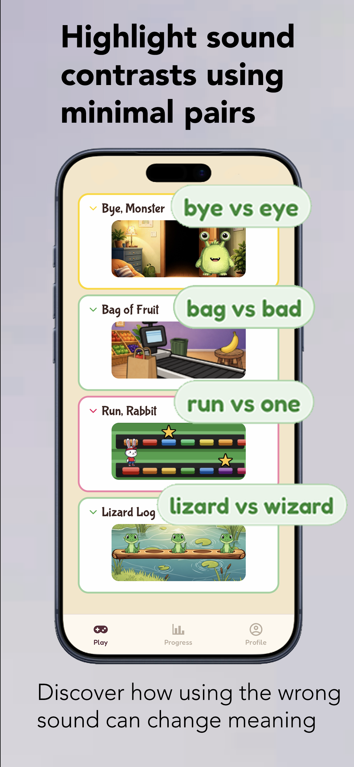 Minimal pairs game menu showing sound contrasts like bye vs eye