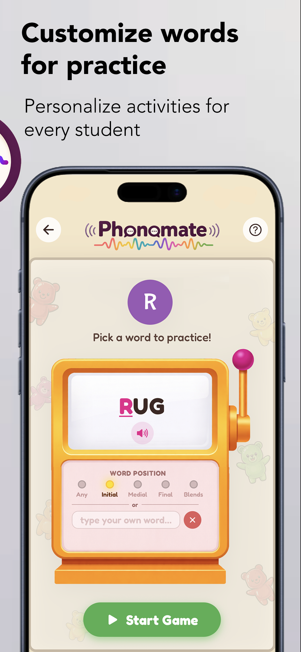 Customizable word selection for speech practice